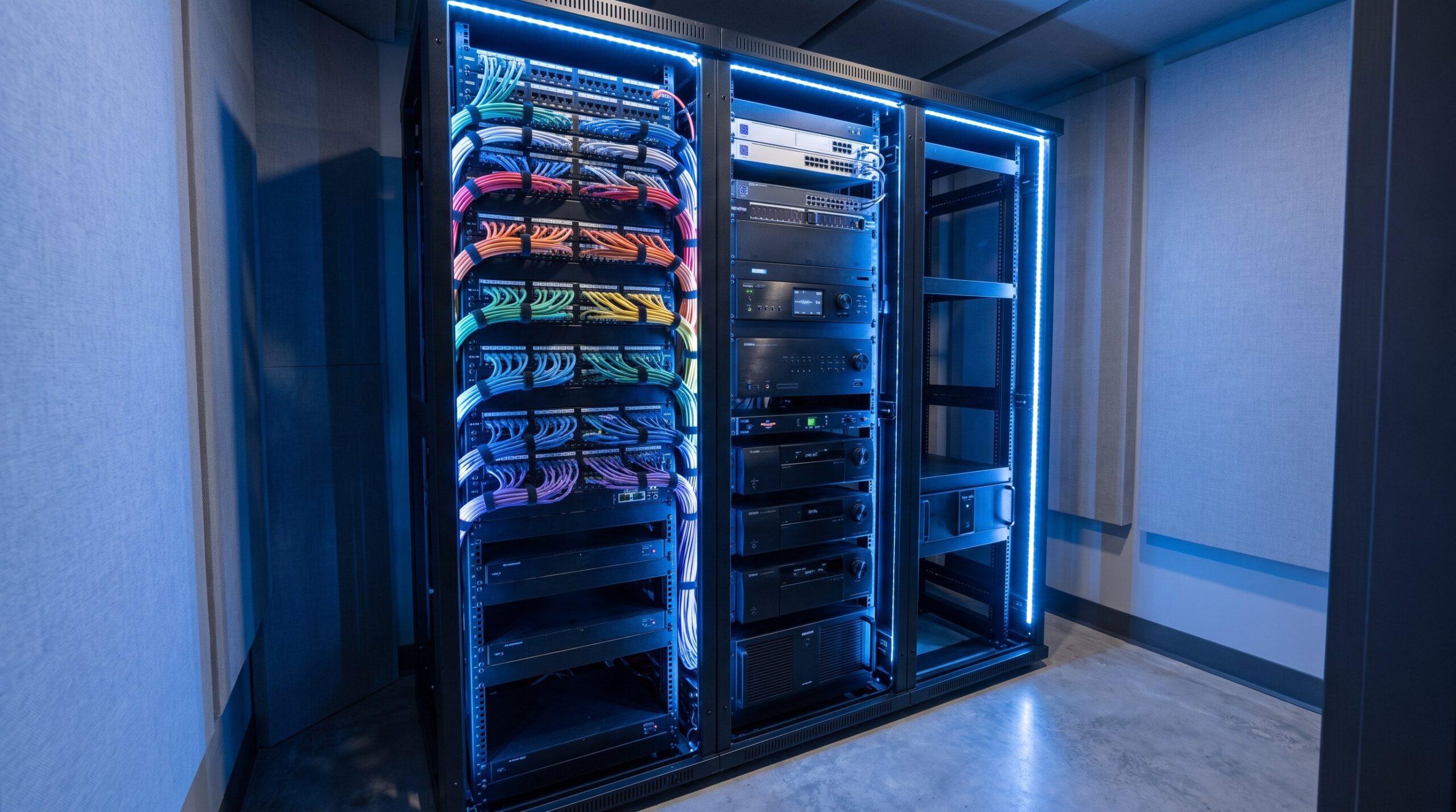 Professional AV equipment rack room for whole-home automation