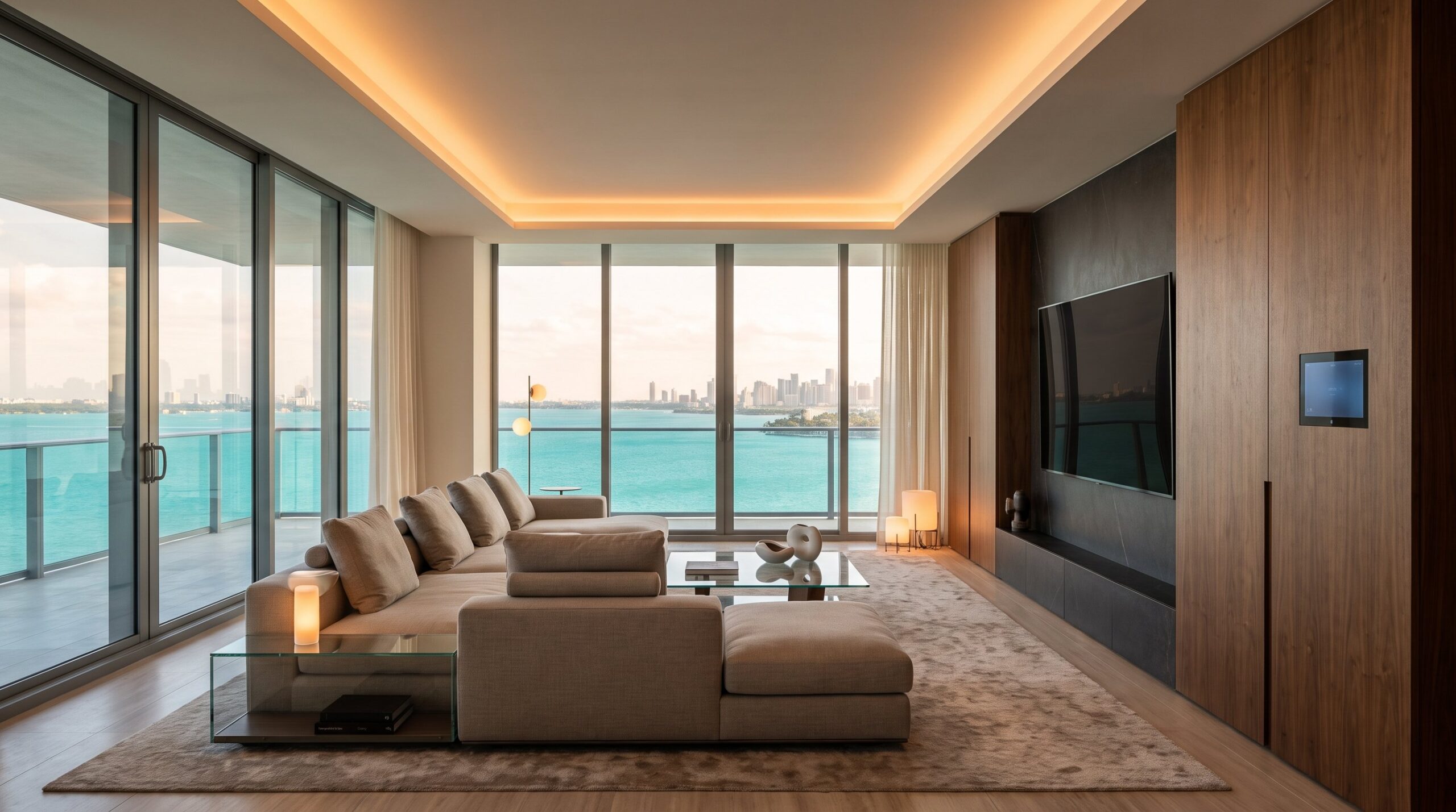 Living room with whole-home automation touch panel